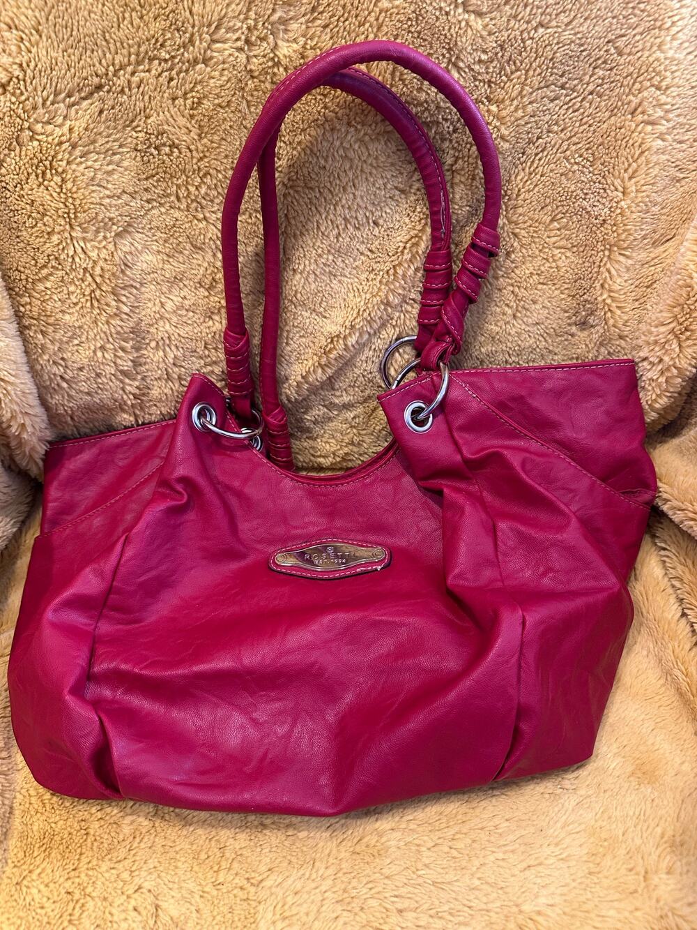 Rosetti Red Faux Leather Tote Handbag Purse Multi Pocket Zipper Snap Shoulder
